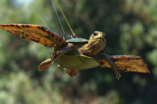 Funny turtle flying in air.