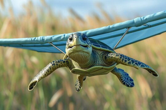 Turtle flying on hang-glider .