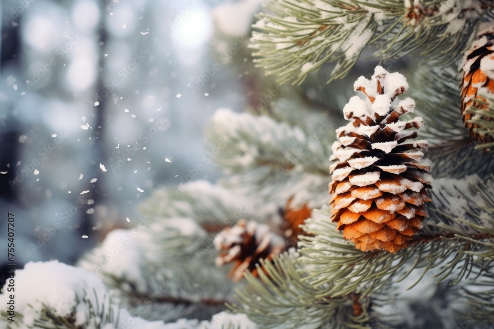 Poster close up of pine cones on a tree, suitable for nature backgrounds