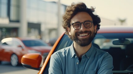 A man with glasses and a beard standing in front of a car. Suitable for automotive industry promotions - obrazy, fototapety, plakaty