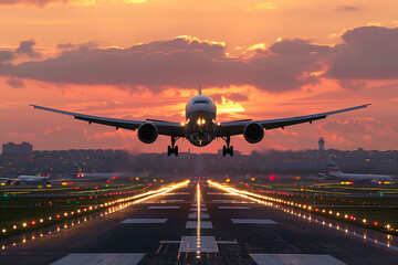 A airplane taking off from an airport runway with the landing gear down and the landing gear down, airport background.