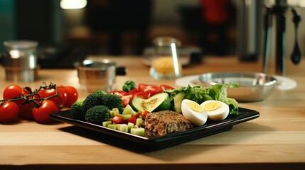 A wooden table with a plate of food. Perfect for food bloggers or restaurant menus