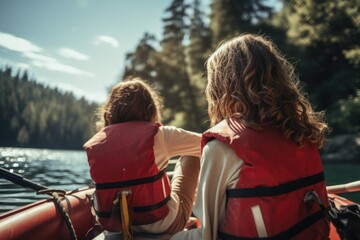 A couple enjoying a peaceful boat ride on a serene lake. Suitable for travel brochures or romantic getaway promotions