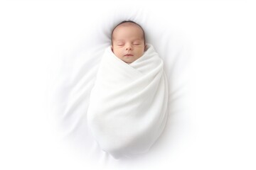 A baby wrapped in a white blanket. Suitable for family and newborn concepts