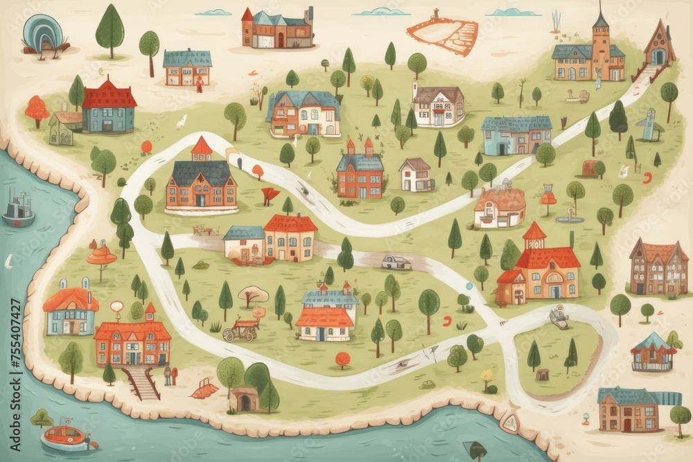 Poster a detailed map of a small town surrounded by lush trees. ideal for travel guides and urban planning 