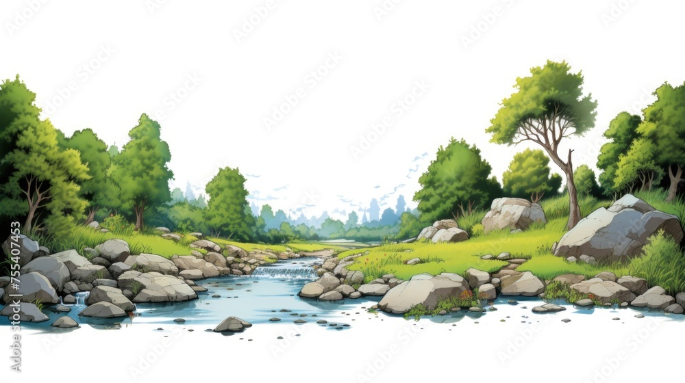 Poster scenic view of a river flowing through lush green forest. suitable for nature and travel concepts