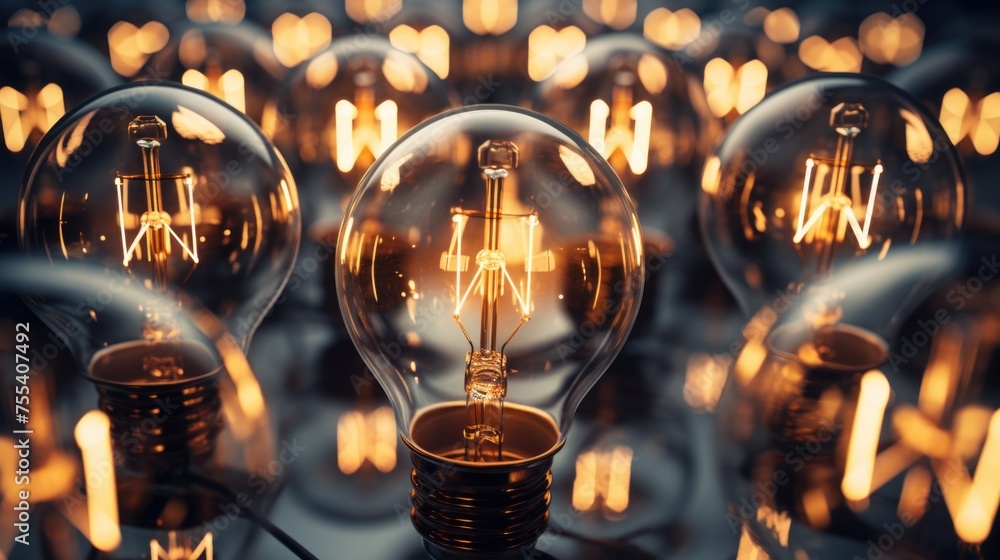 Poster a group of light bulbs on a table. suitable for business and innovation concepts