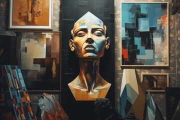 A realistic painting of a woman's head in a studio. Suitable for art and creativity concepts