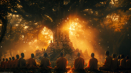 Group of Monks Under a tree, in front of a Buddhist Statue, Group of monks around the tree, Generative AI - obrazy, fototapety, plakaty