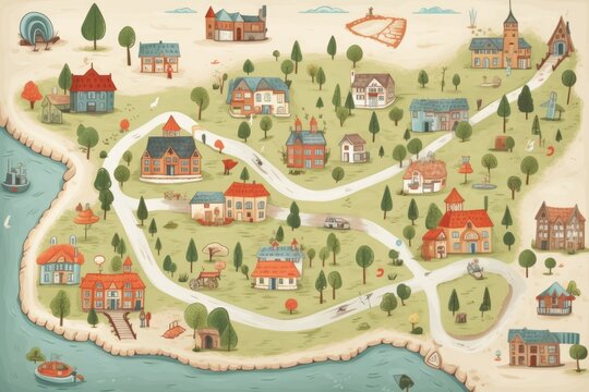 A detailed map of a small town surrounded by lush trees. Ideal for travel guides and urban planning concepts