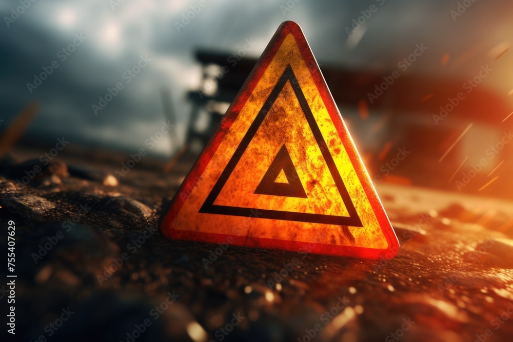 Aufkleber a triangle shaped warning sign on the ground. suitable for safety and caution concepts
