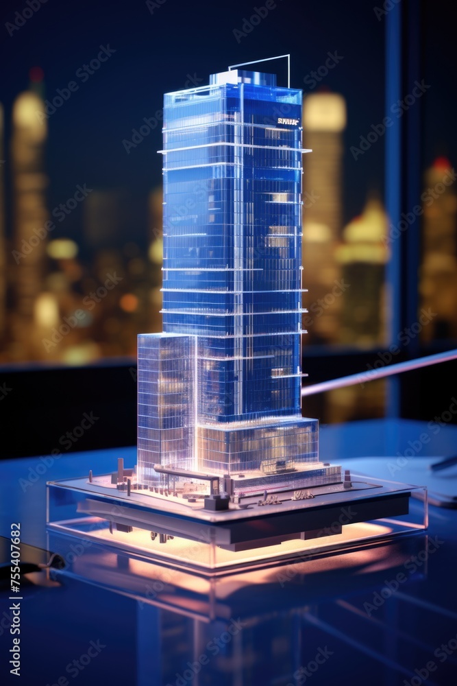 Poster a detailed model of a skyscraper on a table, perfect for architectural projects