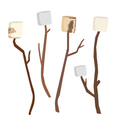 Toasted marshmallow on stick illustration set. Flat vector graphic elements of campfire roasted marshmallows.
