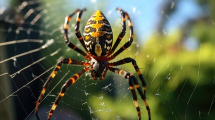 A spider sitting on top of a spider web. Suitable for nature or Halloween themes