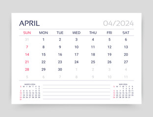 April 2024 year calendar. Planner calender layout. Week starts Sunday. Desk monthly organizer. Timetable template. Table schedule grid. Corporate diary. Vector simple illustration. Paper size A5