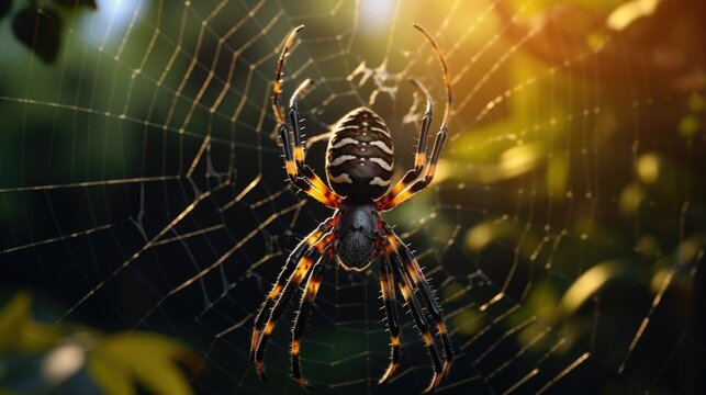 A spider sitting in the center of a spider web. Suitable for Halloween-themed designs