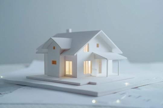 maison d'architecte en maquette sur des plans, fond blanc, illustration ia g&eacute;n&eacute;rative