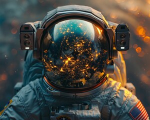 Ultra-realistic portrait of an astronaut reflecting the Earth in the helmet visor - obrazy, fototapety, plakaty