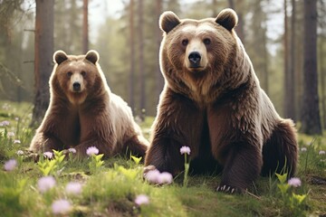 Two brown bears sitting on lush green field. Suitable for wildlife and nature concepts - Powered by Adobe