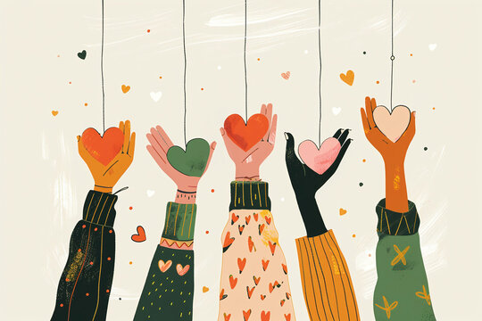 Hands of people of different nationalities raised up holding hearts on a beige background, diversity and unity concept