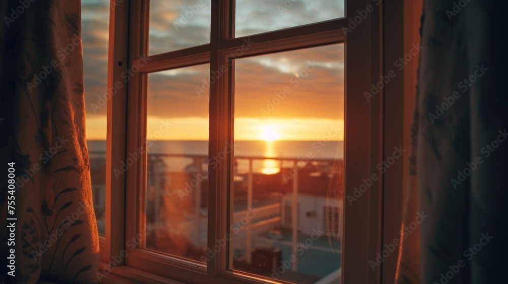 Poster Sun setting through a window, suitable for various concepts