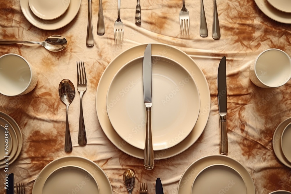 Poster a table set with plates and silverware, suitable for dining concept