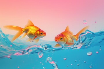 Goldfish with shark fin swim in blue water and pink sky, Gold fish with shark flip . 