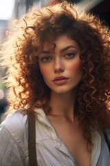 Fototapeta premium A woman with red curly hair posing for a picture. Suitable for various promotional materials