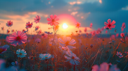 Fototapeta na wymiar Summer wallpaper Wildflowers illuminated by the evening sun, generative ai