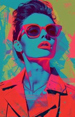 Fototapeta na wymiar Striking Pop Art Portrait of a Stylish Woman with Retro Hairdo and Sunglasses in Vivid Colors