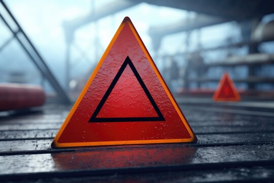 A red triangular sign placed on a wooden floor, suitable for various signage concepts