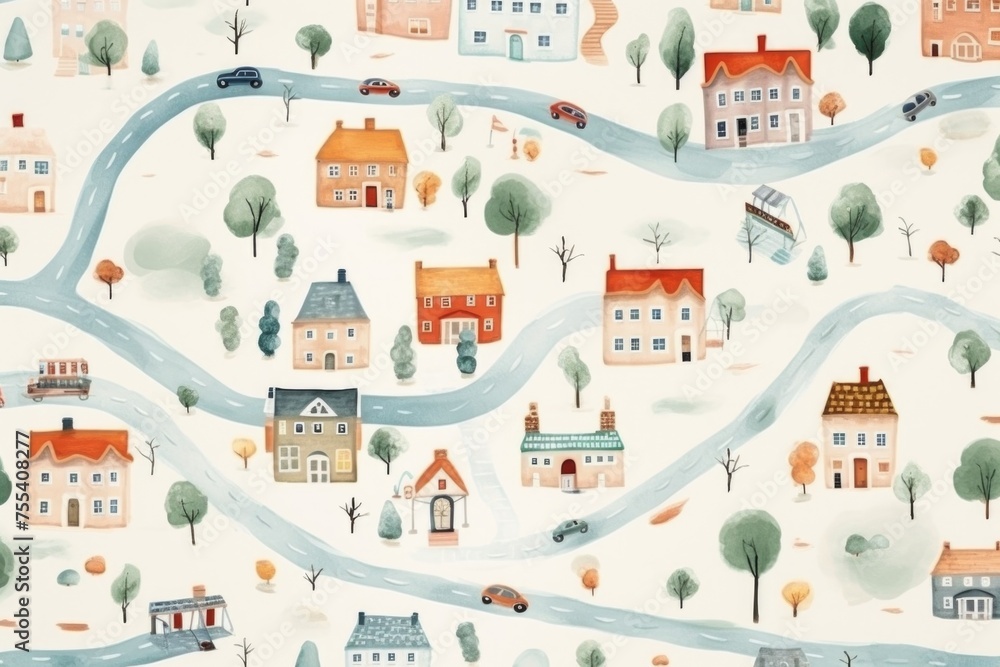 Poster A pattern of houses and trees on a white background. Suitable for design projects