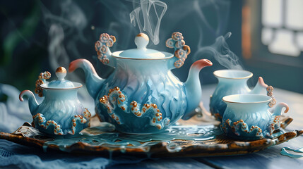 teapot and cups, generative ai - obrazy, fototapety, plakaty