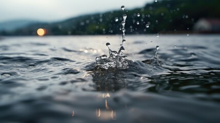 Raindrops on the surface of the lake. Shallow depth of field. - obrazy, fototapety, plakaty