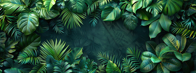 Fototapeta premium Lush green tropical leaves forming a natural frame on a dark background, perfect for eco-themed designs.
