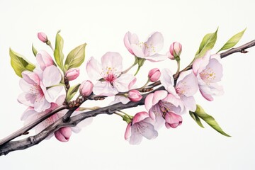 A beautiful painting of a branch with pink flowers. Ideal for spring-themed designs