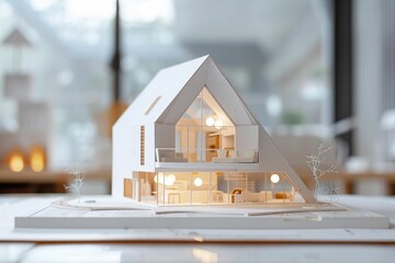 maison d'architecte en maquette sur des plans, fond blanc, illustration ia générative - obrazy, fototapety, plakaty