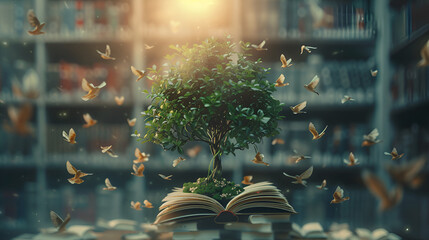 Stack of old books with  tree and birds, education concept, generative ai - obrazy, fototapety, plakaty