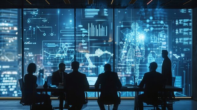 Diverse team of industrial robotics engineers discussing on the computer graphics of high-tech robotics model prototype in a boardroom. Using futuristic hologram screen with augmented reality. 