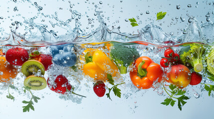 Fresh multi fruits and vegetables splashing into clear water, healthy food diet freshness concept