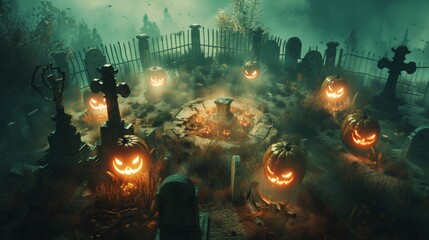 Spooky pumpkin lit in darkness