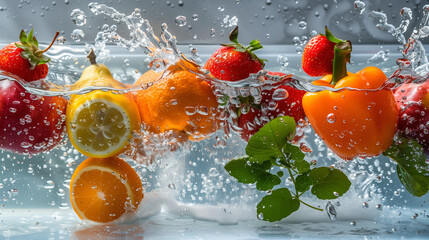 Fresh multi fruits and vegetables splashing into clear water, healthy food diet freshness concept