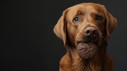 Dog with Brown chocolate Cookie, Adorable and Obedient, On a Dark Background with Copy Space. Pet...