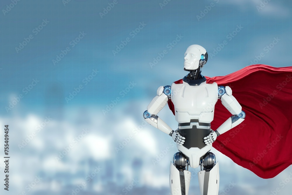 Poster super robot assistant stands in a heroic pose with a red cape behind his back. artificial intelligen