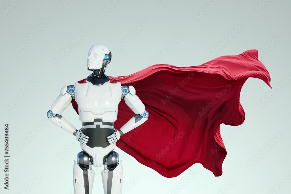 Poster super robot assistant stands in a heroic pose with a red cape behind his back. artificial intelligen