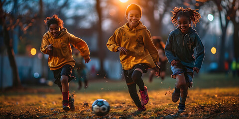 Kids Playing Football on Playing Field at Sunset. Children Playing Soccer Outdoors