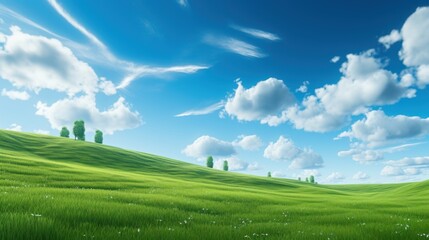 Obraz premium The green grass hill contrasts with the bright sky. 