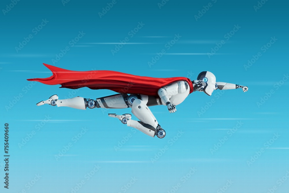 Poster super robot assistant flies in a heroic pose with a red cape behind his back. artificial intelligenc
