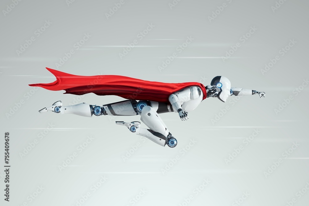 Poster super robot assistant flies in a heroic pose with a red cape behind his back. artificial intelligenc