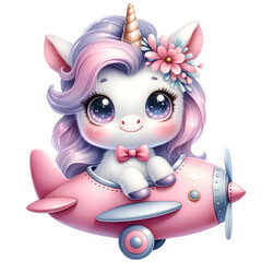 Cute unicorn on airplane  illustration 